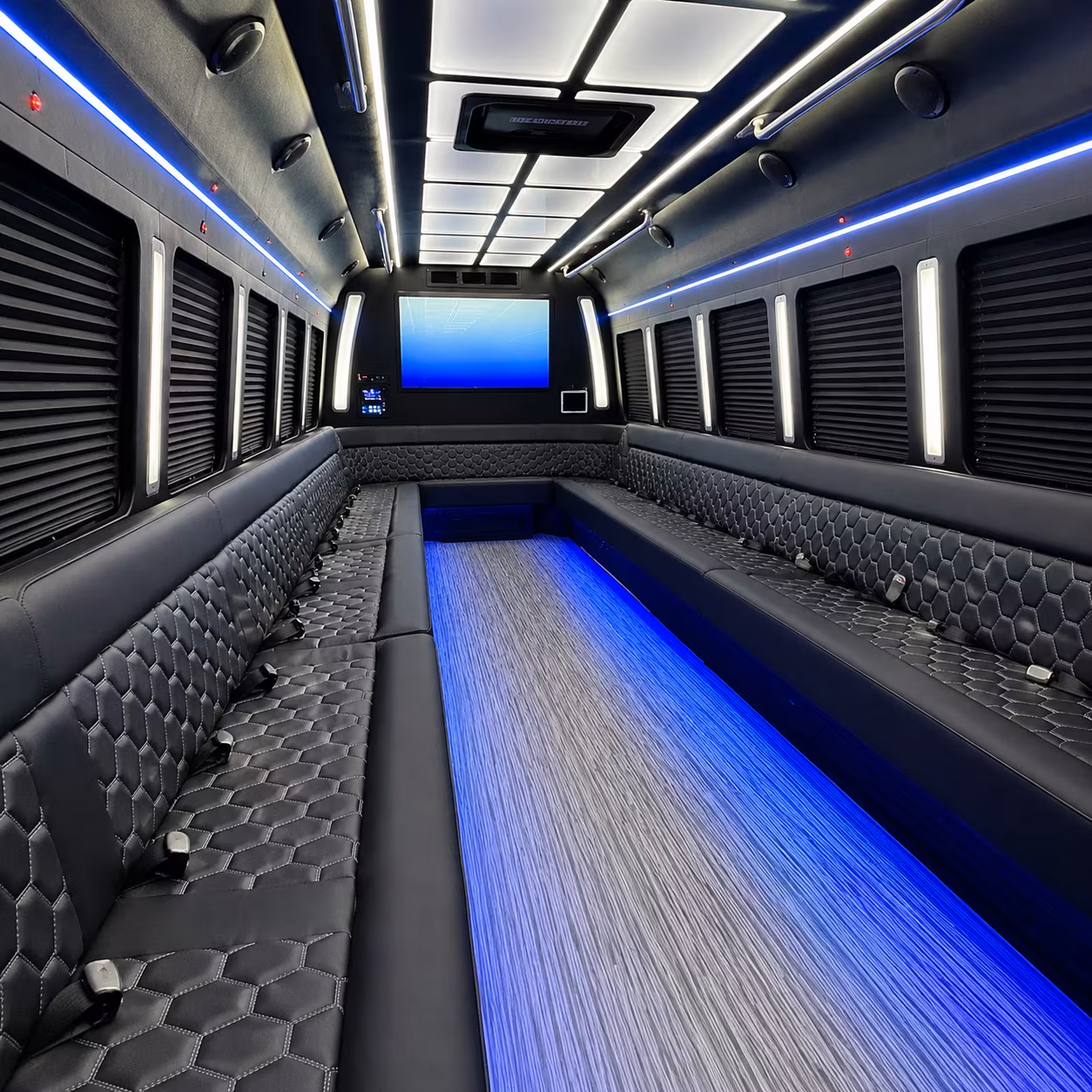 Friends laughing during a party bus celebration in Brownsville