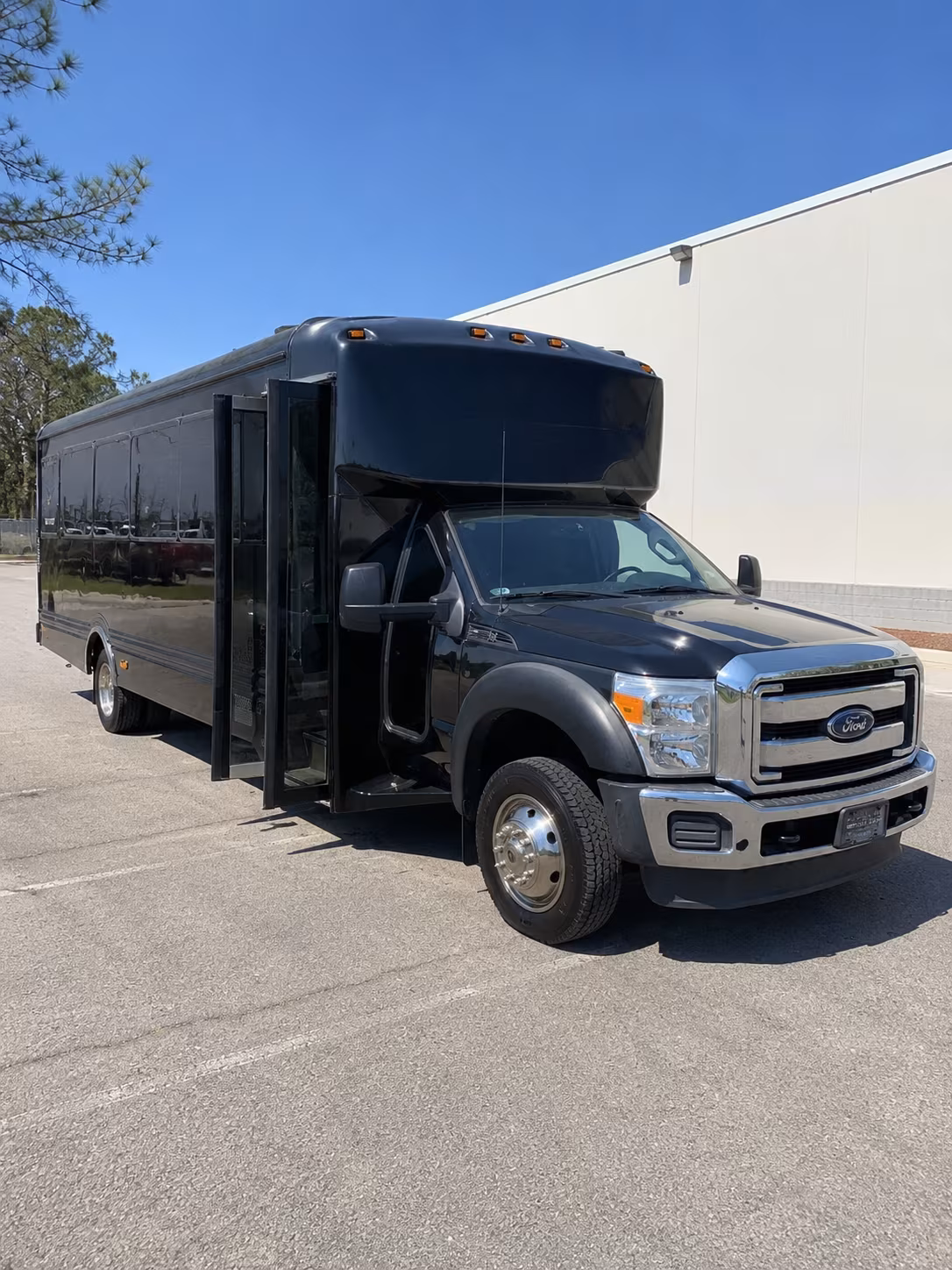 Group beside a Mercedes Sprinter limo in Brownsville
